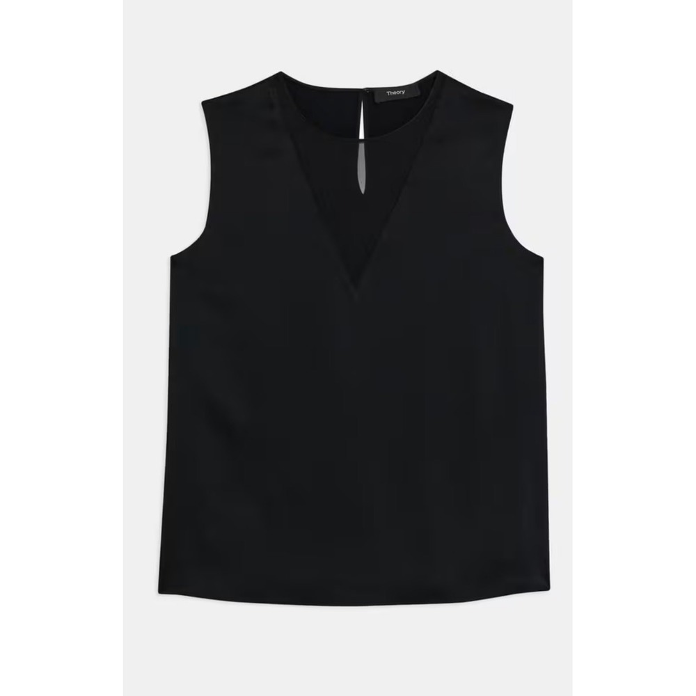 Theory Black Semi-Sheer Sleeveless Top in Satin Womens P Luxury V-Neck